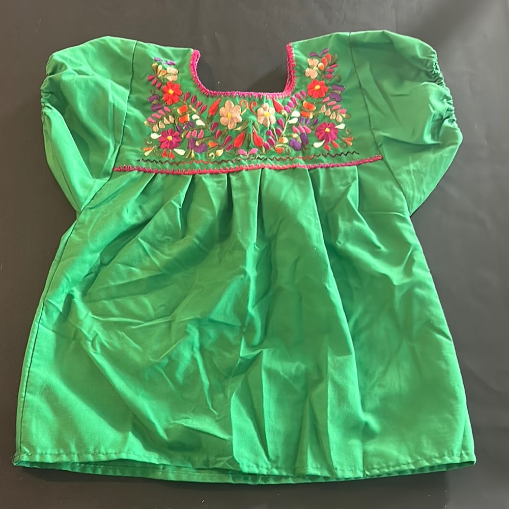 NWOT Vibrant Green Kids Blouse with Floral Hand Embroidery